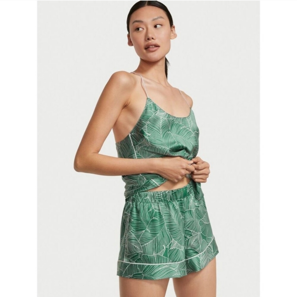 Victoria's Secret Green Palm Leaf Satin Sleep Cami